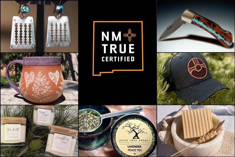 Image displaying a collection of artisan products including earrings, a folding knife, a ceramic mug, caps, scented candles, and a soap set, all labeled with "NM True Certified."