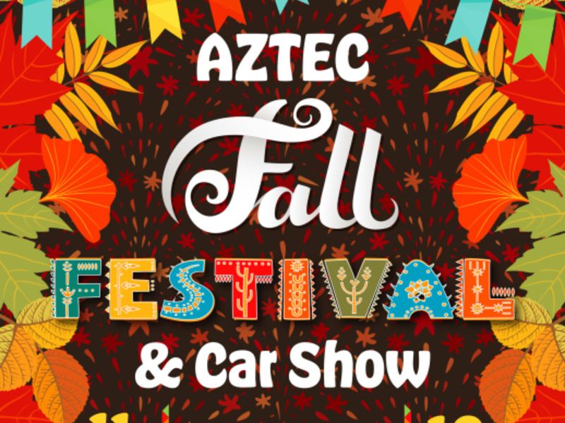 Promotional poster for the Aztec Fall Festival and Car Show on October 11th at Minium Park behind Safeway. Admission is free and suitable for families. Event sponsored by Aztec Chamber of Commerce.