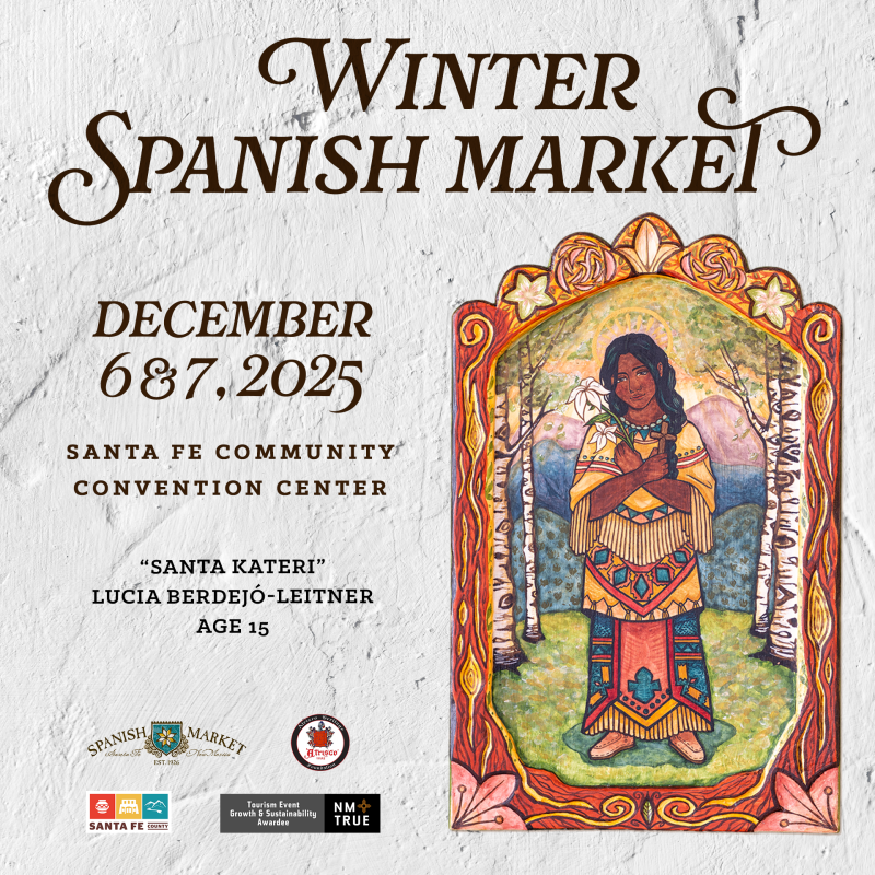 Promotional poster for the Winter Spanish Market, December 6 and 7, 2025, at the Santa Fe Community Convention Center. 