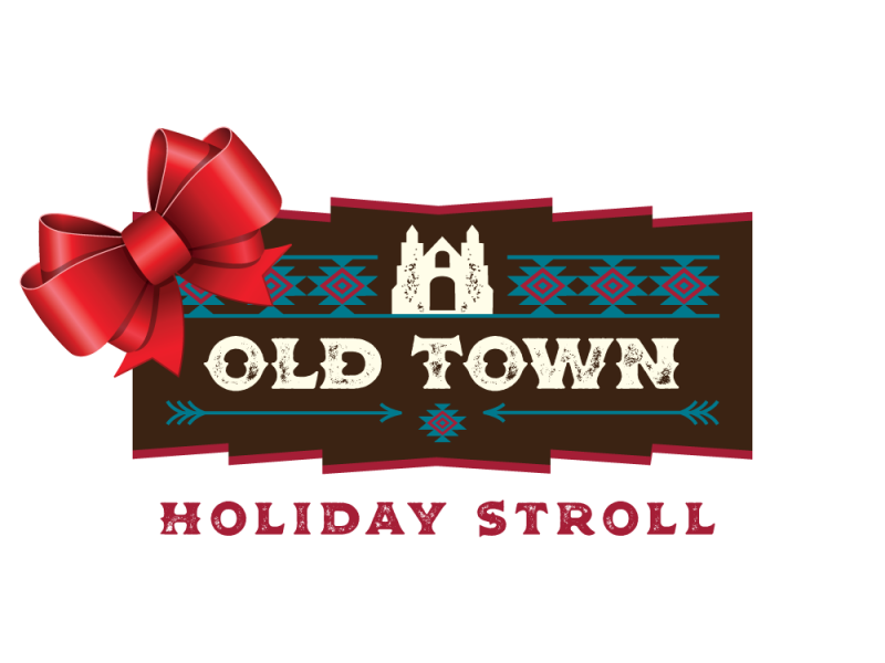 Logo for Old Town Holiday Stroll featuring a decorative banner with cathedral silhouette, adorned with a red bow and geometric designs.