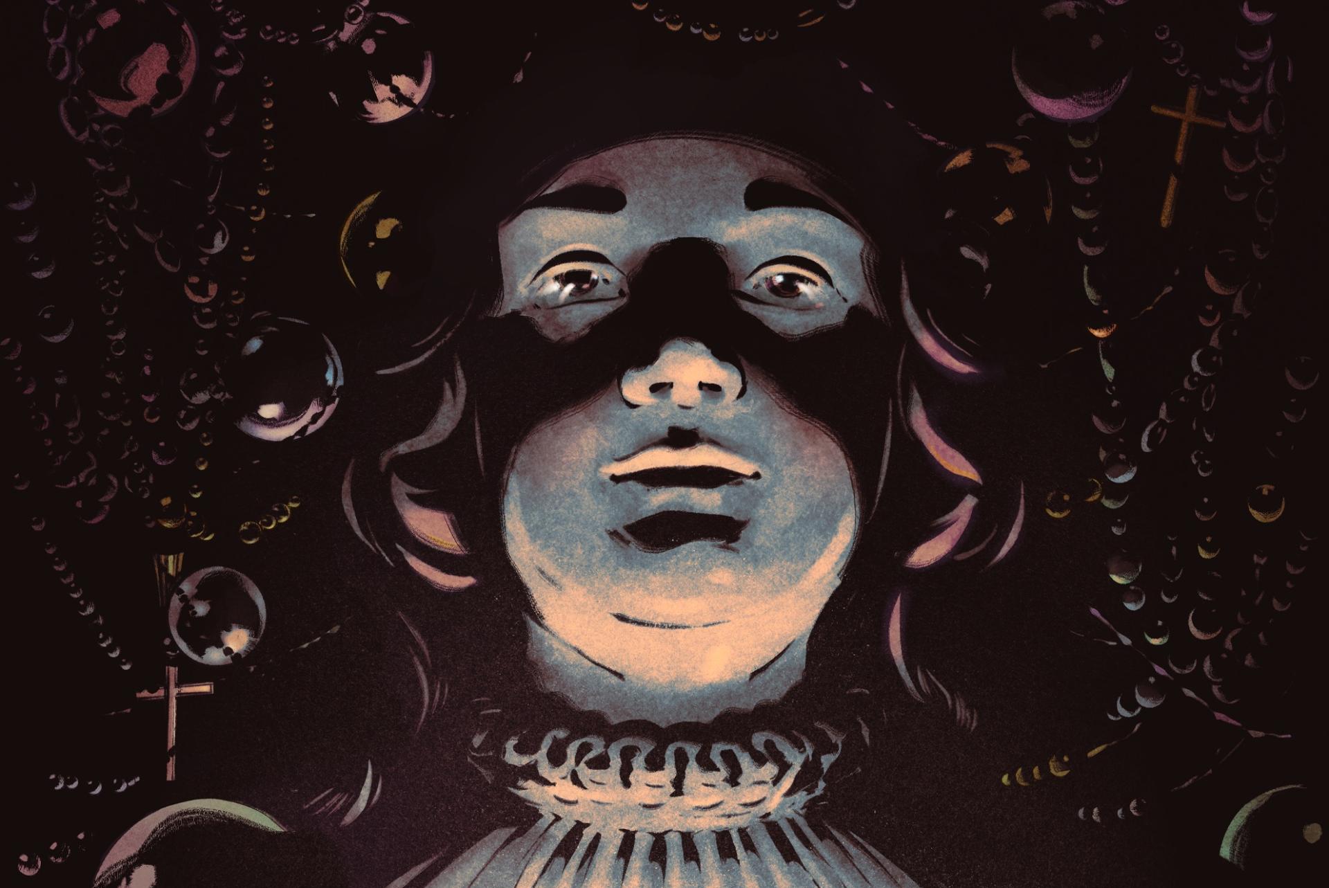 Illustration of a person with long hair surrounded by decorative elements and bubbles against a dark background.