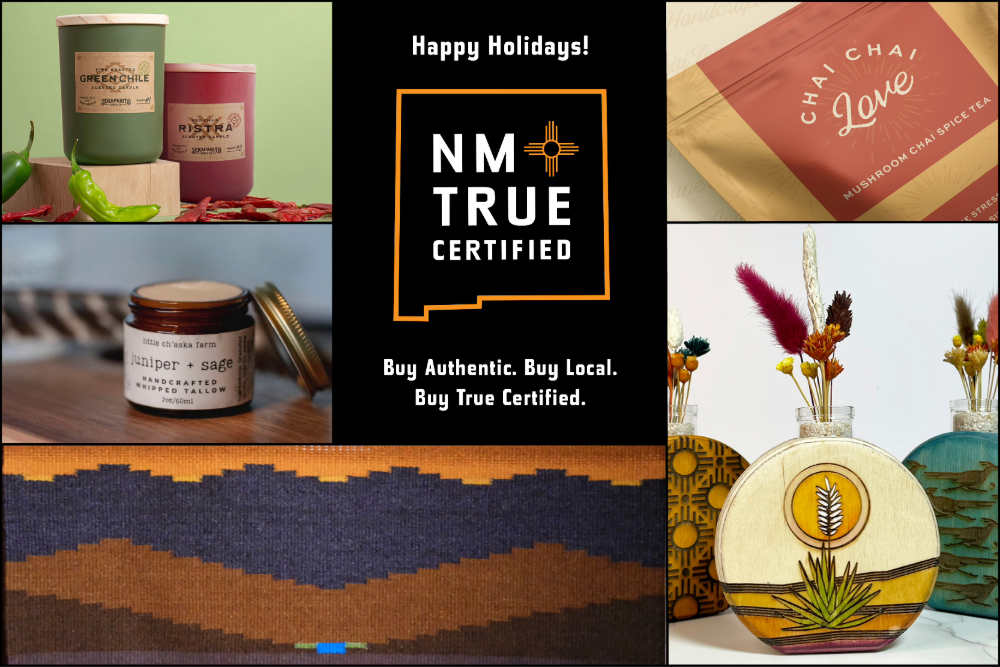 Collage promoting NM True Certified products for the holidays, including scented candles, a chocolate bar, and decorative vases featuring Southwest designs.