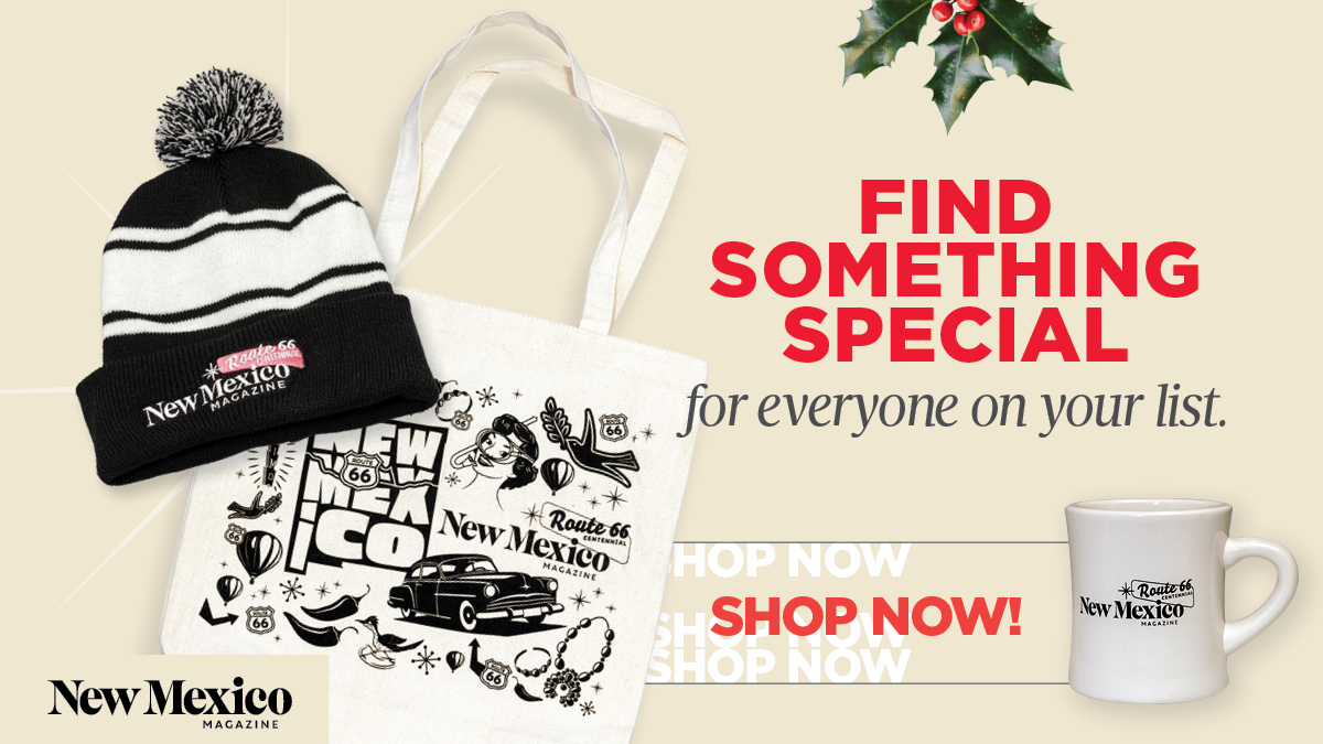 Promotional banner for New Mexico Magazine featuring a beanie, tote bag, and mug with New Mexico themed designs, encouraging viewers to shop for unique items.