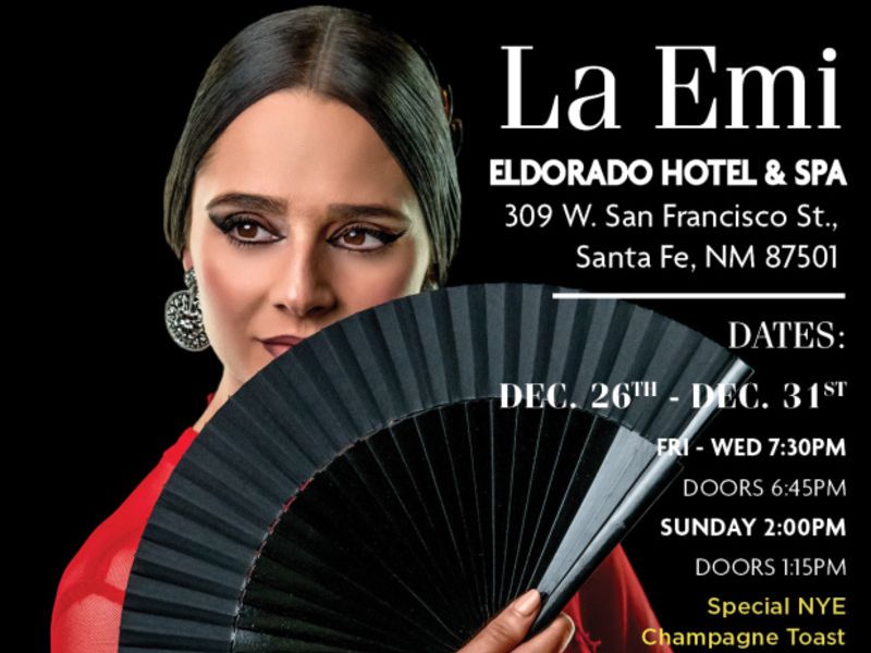 Promotional poster for a New Year's Eve special at El Dorado Hotel & Spa featuring a person holding a fan with performances by Vicente Griego and others.