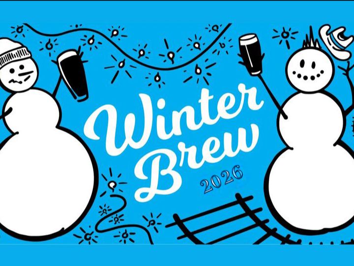 Promotional graphic for Winter Brew 2026 featuring two snowmen, one holding a coffee cup and the other holding a smartphone, with snowflakes and a 'Santa Fe' sign in a festive, winter-themed design.