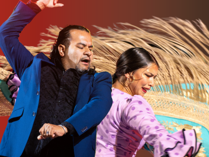 Two flamenco dancers performing on stage, with one wearing a blue blazer and the other in a pink dress with ruffled sleeves, against a warm-colored background.