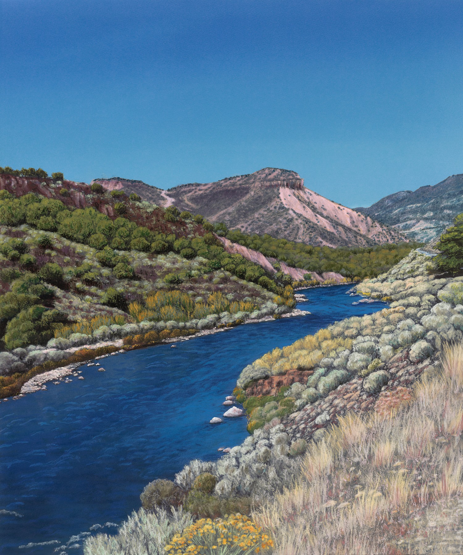 Painting of a vibrant river landscape with lush green foliage on the banks, scattered with colorful wildflowers and framed by rolling hills in the background