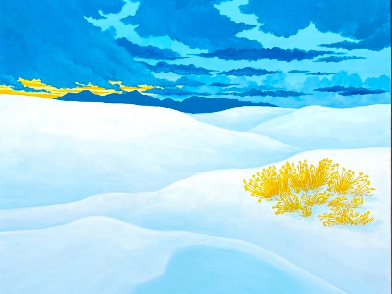 A painting of white gypsum dunes with yellow plants under a blue sky with the sun setting