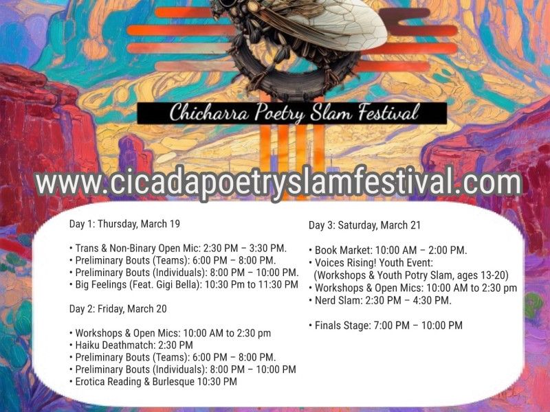 Promotional poster for the Chicharra Poetry Slam Festival. The design features a detailed cicada illustration. The event boasts "30+ Events over 3 Days!" and is "Open to All Audiences."