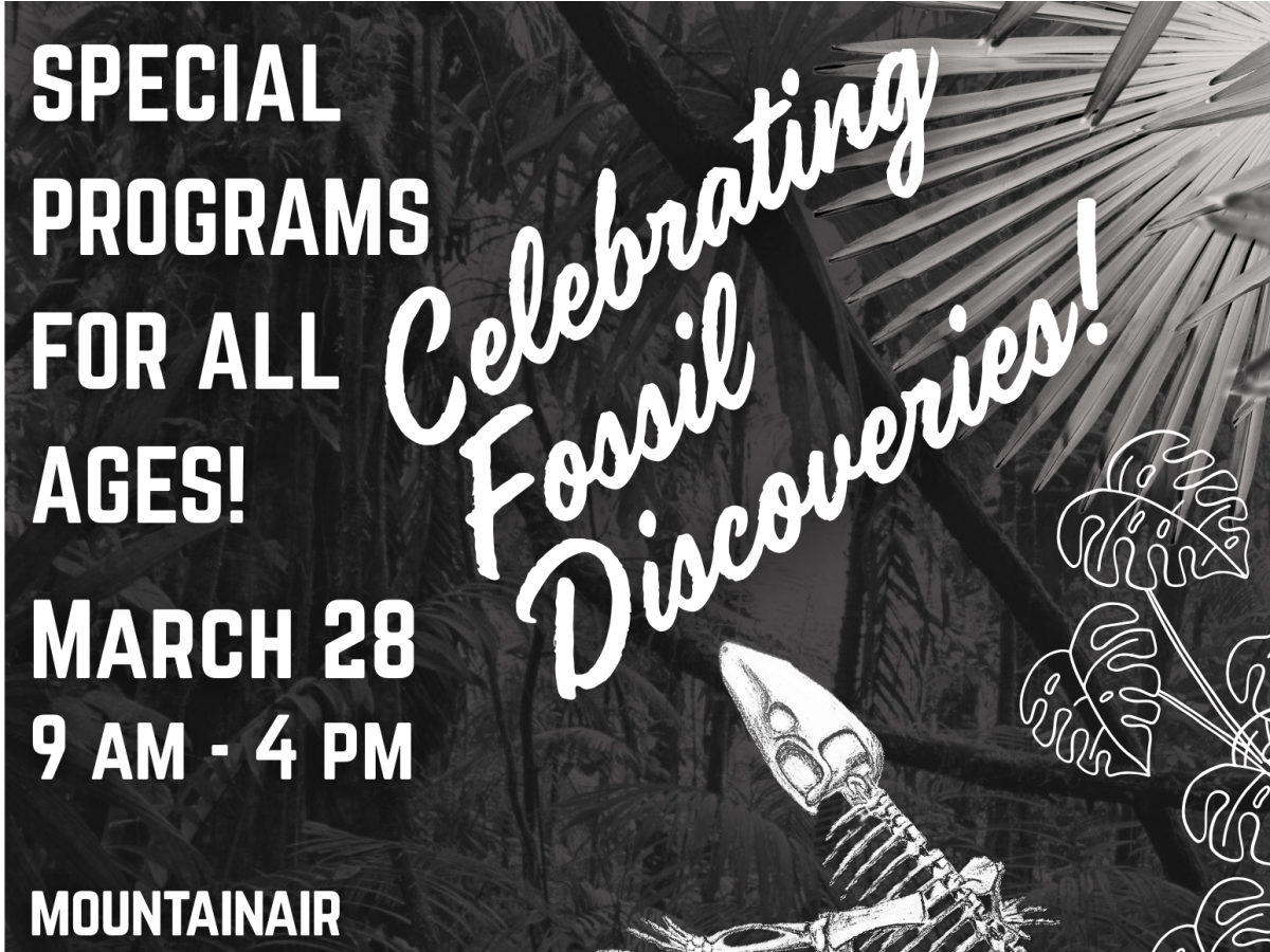 Promotional poster for "Celebrating Fossil Discoveries" event on March 28, from 9 AM to 4 PM, at Mountainair Headquarters Visitor Center. Features fossil imagery and illustrations of leaves. 