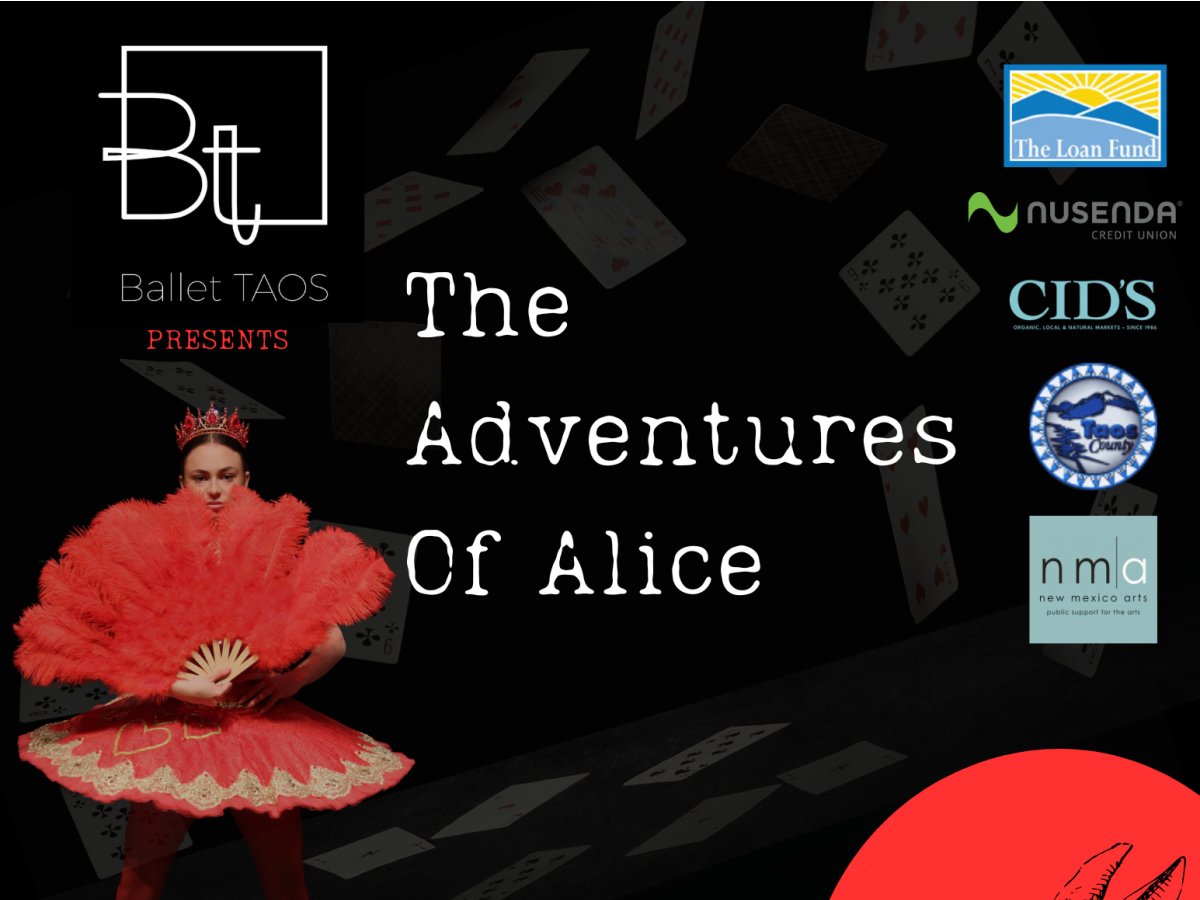 Poster for "The Adventures of Alice" by Ballet Taos. It features a person in a vibrant red costume with a fluffy skirt, striking a playful pose surrounded by playing cards. 