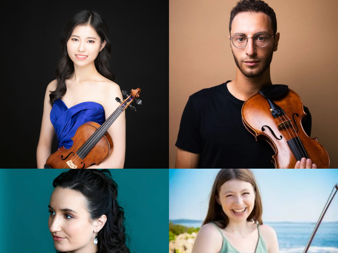Four separate portraits of people holding instruments