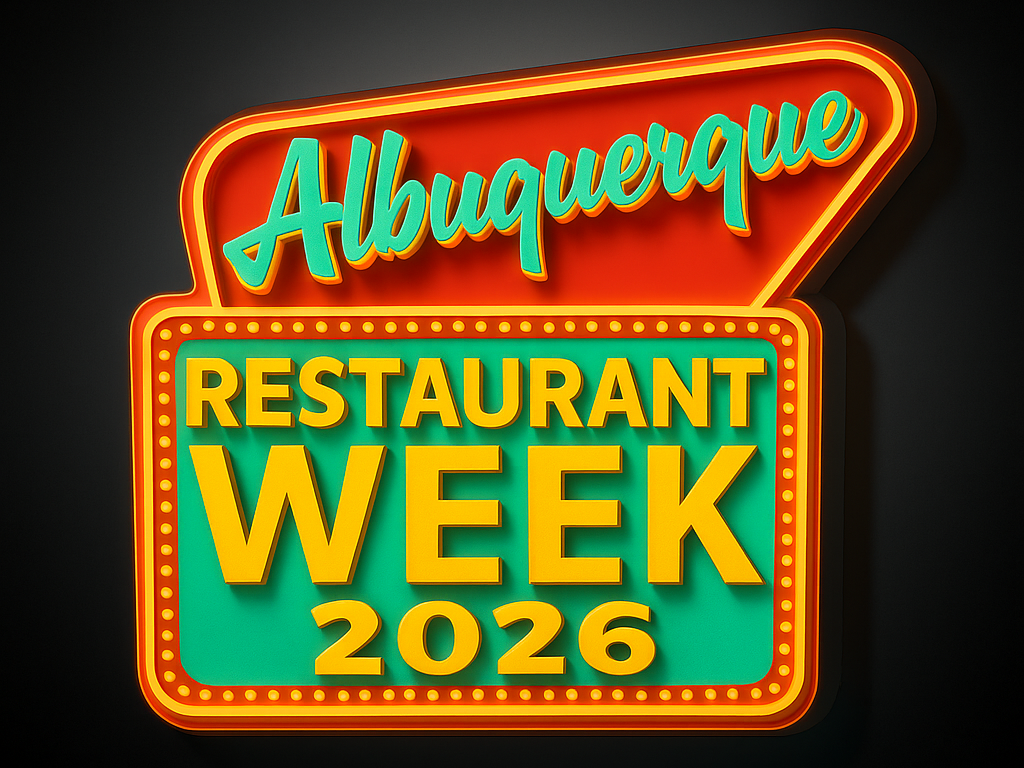 Bright neon sign displaying "Albuquerque Restaurant Week 2026" in colorful letters against a dark background.