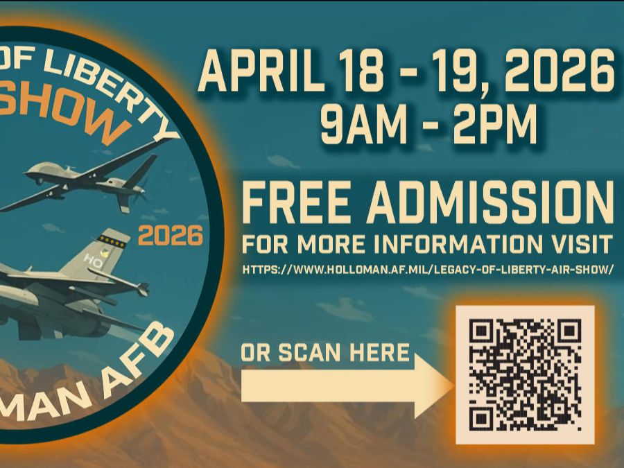 Logo for the "Legacy of Liberty Air Show" at Holloman AFB. The image features two aircraft flying over a landscape with mountains. Details include the event dates, April 18-19, 2026, and the time, 9 AM to 2 PM.