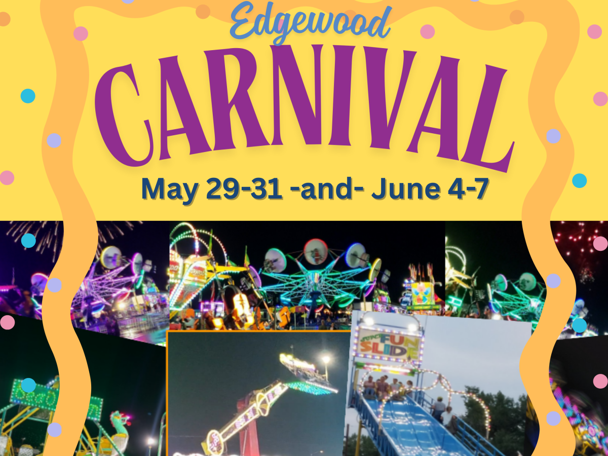 Bright, colorful poster for the Edgewood Carnival at Venus Park. Dates are May 29-31 and June 4-7. Features images of rides and attractions. Includes text: "Rides - Midway Games - Foods" and location: "181 NM 344." Decorative border with dots and stars.