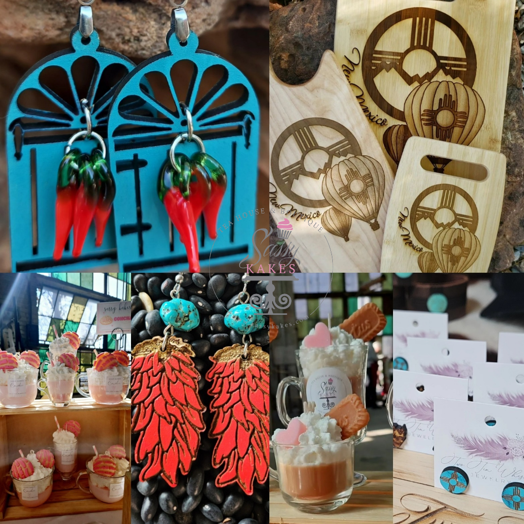 A collage of crafted items: turquoise earrings with red chili pepper charms, two wooden cutting boards with engraved designs, dessert cups with pink toppings and strawberries, vibrant orange and turquoise feather-patterned earrings, hot chocolate with whipped cream and marshmallows in glass mugs, and cards with feather designs.