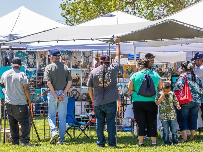 Outdoor art fair with multiple people browsing artwork displayed under canopies. Paintings are hung on stands, and there is a grassy field with scattered trees in the background.