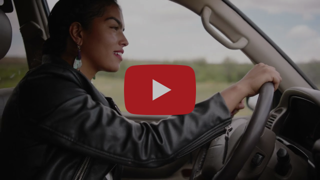 A person is driving a car with a blurry landscape in the background