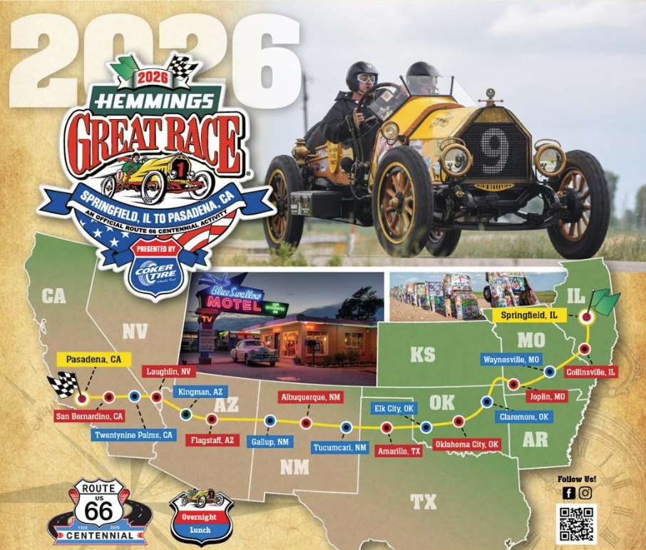 The image is a promotional poster for the 2026 Hemmings Great Race. It shows a vintage car with two people driving. Below is a U.S. map highlighting the race route from Springfield, Illinois, to Pasadena, California. Key stops include Joplin, Missouri, and Albuquerque, New Mexico. The Route 66 Centennial logo is present. Inset images feature a retro motel and a Route 66 sign.