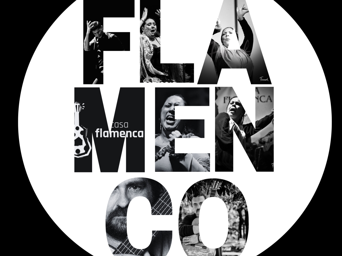 The image features a poster for "ABQ Flamenco Off," with a black and white collage of performance scenes and the text "FLAMENCO" in bold letters.