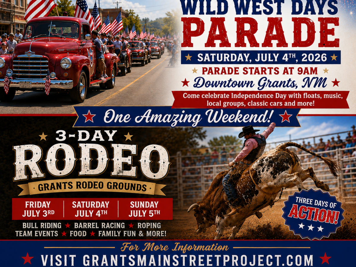 This is a promotional poster for the 86th Annual 4th of July Parade in Grants, NM, happening on July 4th, 2026, at 9 AM. The poster features themes of "Wild West Days" and highlights a 3-day rodeo from July 3rd to July 5th at Grants Rodeo Grounds. The poster is colorful and patriotic