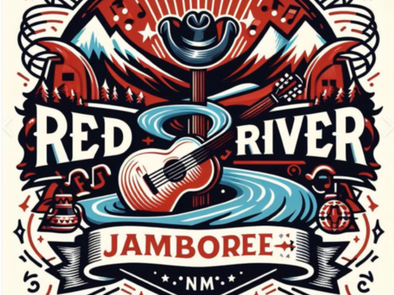 Stylized illustration featuring a river, mountains, and musical notes. A guitar and cowboy hat are prominently displayed in the center. The text reads "Red River Jamboree NM," with decorative swirls and stars.