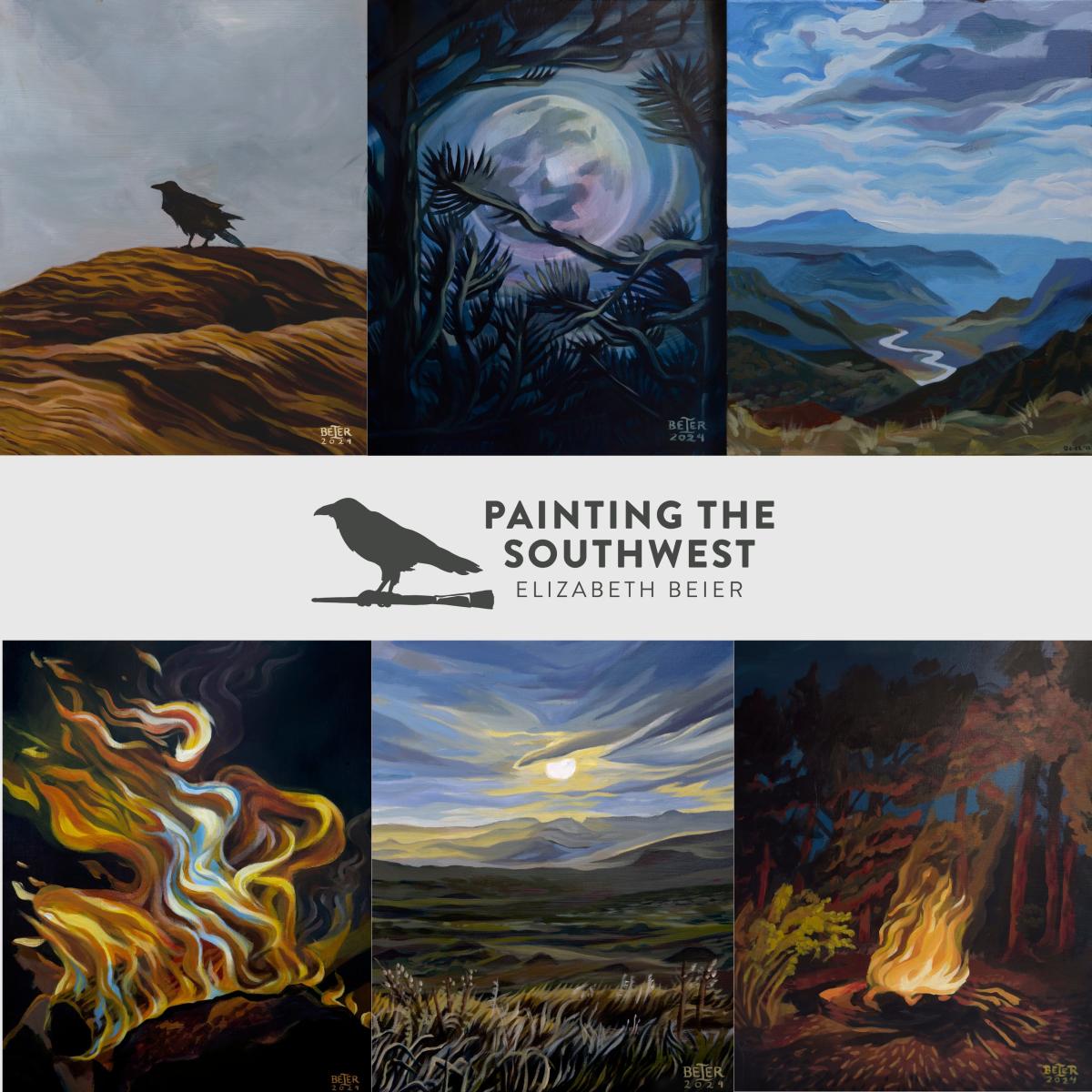 A collage of five landscape paintings by Elizabeth Beier, titled "Painting the Southwest." A logo with a silhouetted bird and the title is centered between the images.
