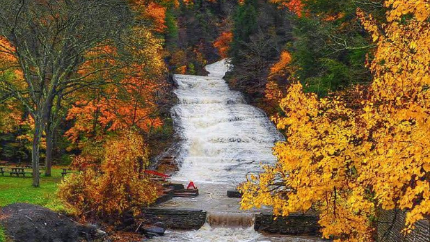 Buttermilk Falls in Ithaca surrounded by fall foliage. 