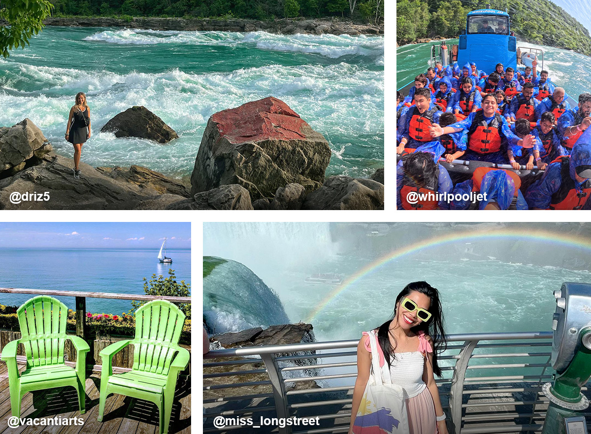 Social media-style collage featuring Niagara Falls experiences, including the Niagara River rapids, a Whirlpool Jet Boat tour, scenic waterfront views, and a rainbow-filled overlook beside the Falls.