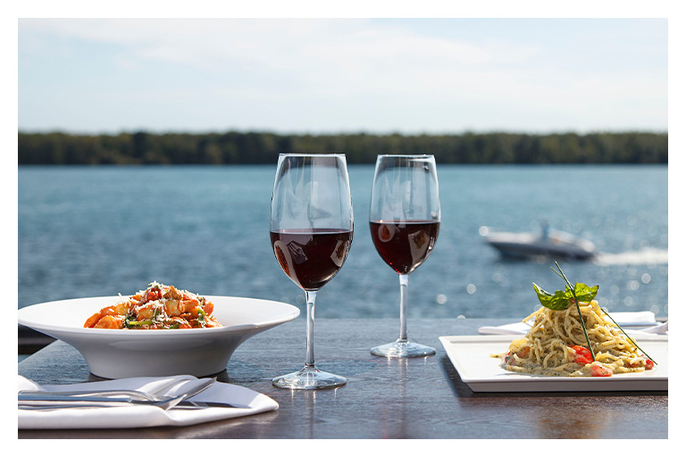 Two glasses of red wine and waterfront pasta dishes overlook the Niagara River, creating a scenic outdoor dining experience.