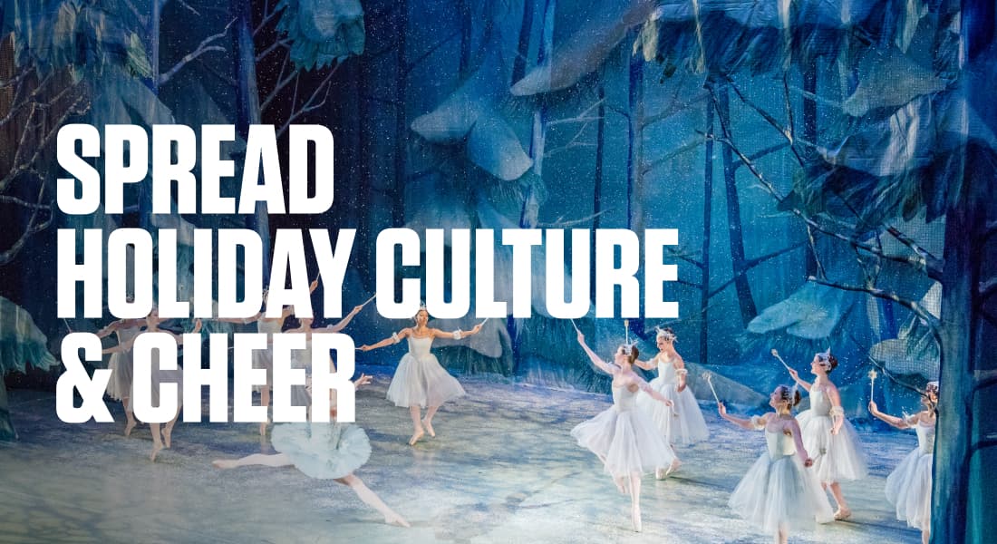SPREAD HOLIDAY CULTURE & CHEER - Overhead view of stage during Charlotte Ballet Nutcracker with ballet dancers and winter themed background