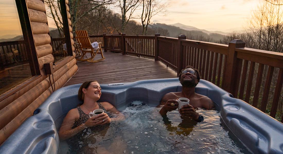 Maggie Valley NCPN Couple Enjoying Coffee in Hot Tub