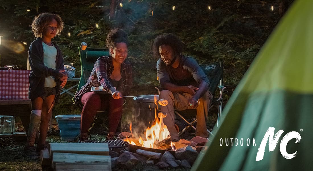 OUTDOOR NC - Family toasting marshmallows over a campfire at night