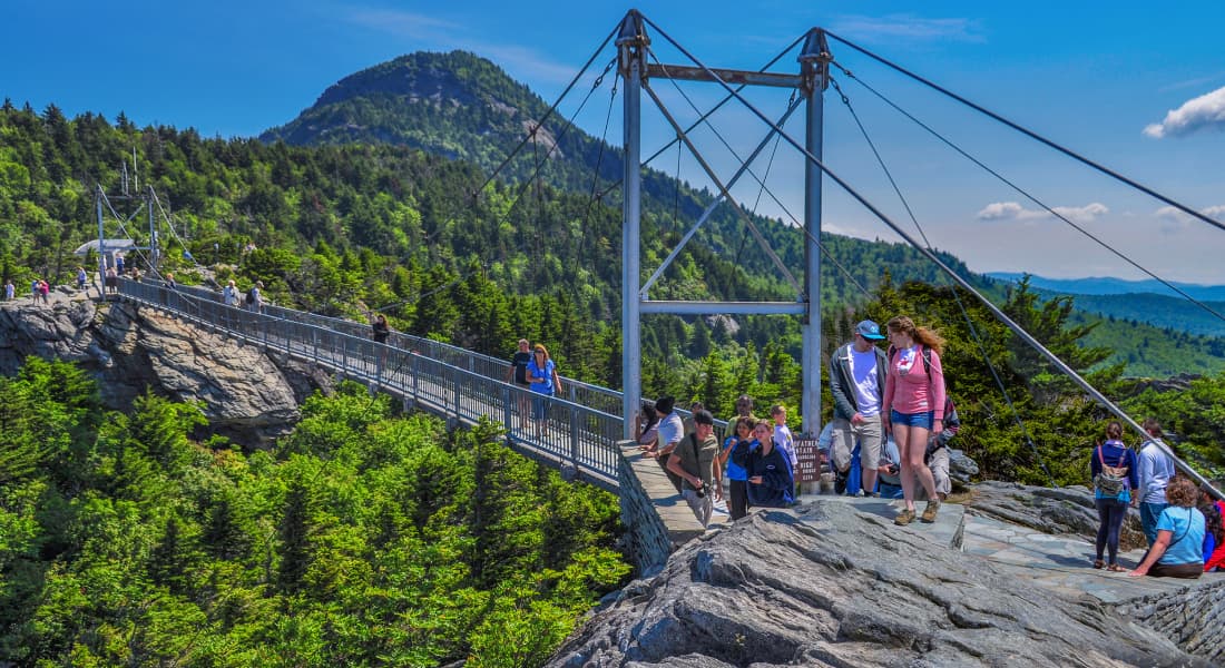 People crossing Mile High Swinging Bridge at Grandfather Mountain