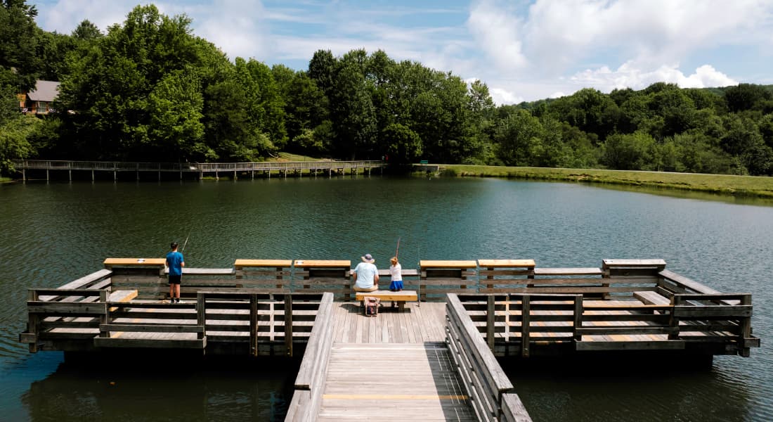 Fishing off the dock on Lake Coffey, Beech Mountain