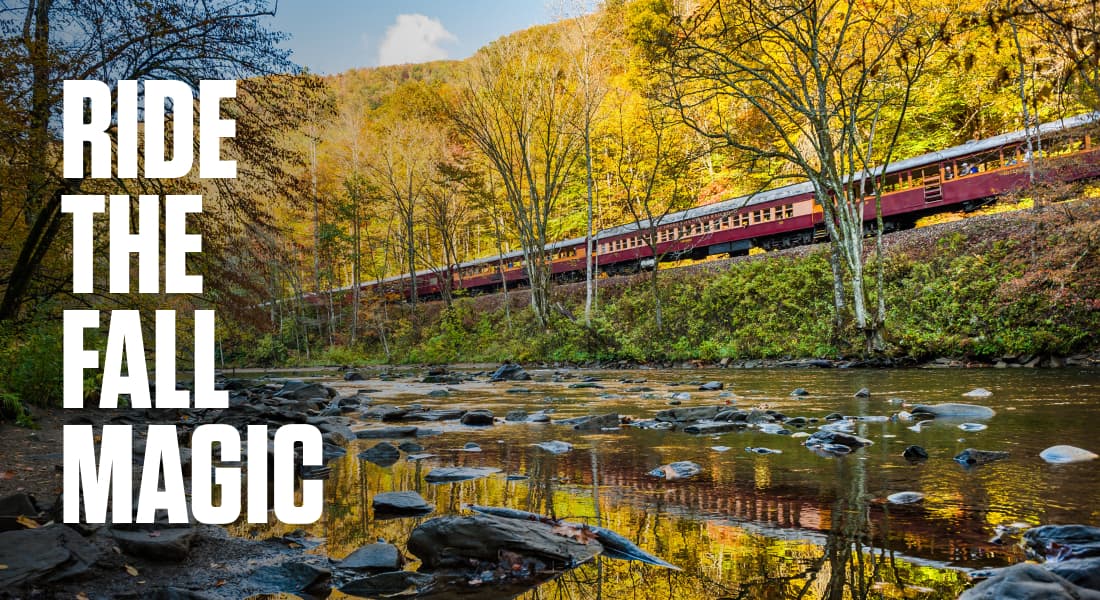 RIDE THE FALL MAGIC - Great Smoky Mountain Railroad running beside a river through fall foliage
