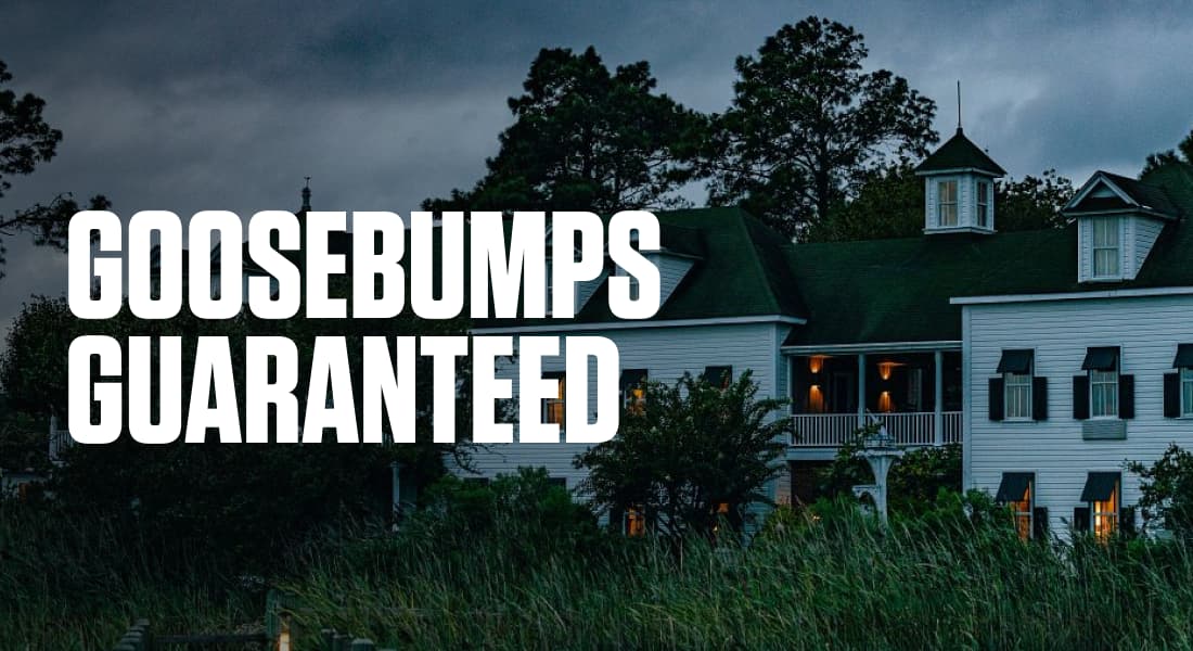 GOOSEBUMPS GUARANTEED - Gloomy dusk wide shot of Roanoke Island Inn, Manteo, NC