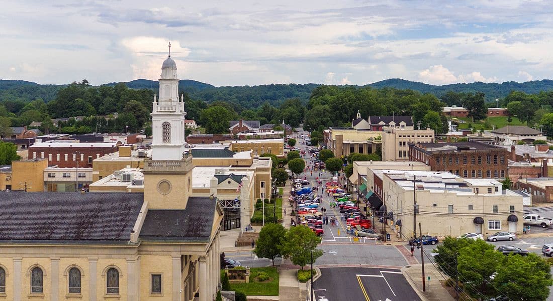 Aerial shot of downtown Lenoir, NC