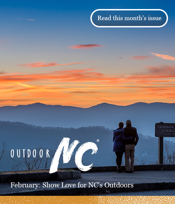 Outdoor NC Evergreen - February: Stewardship is Our Love Language. A couple enjoying Tanbark overlook on the Blue Ridge Parkway.