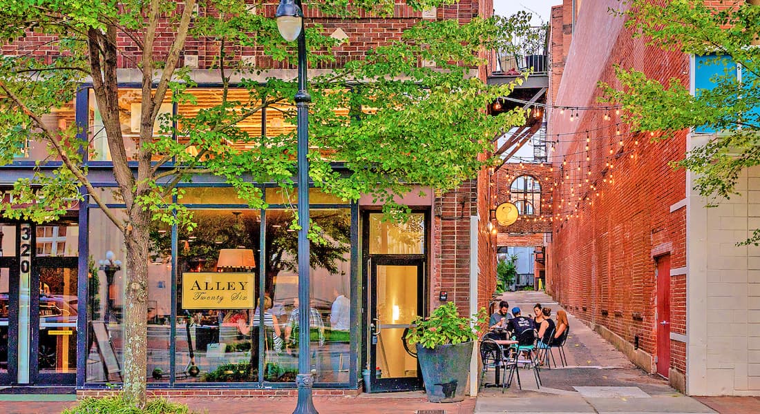 Exterior shot of Alley Twenty Six restaurant in Durham, NC