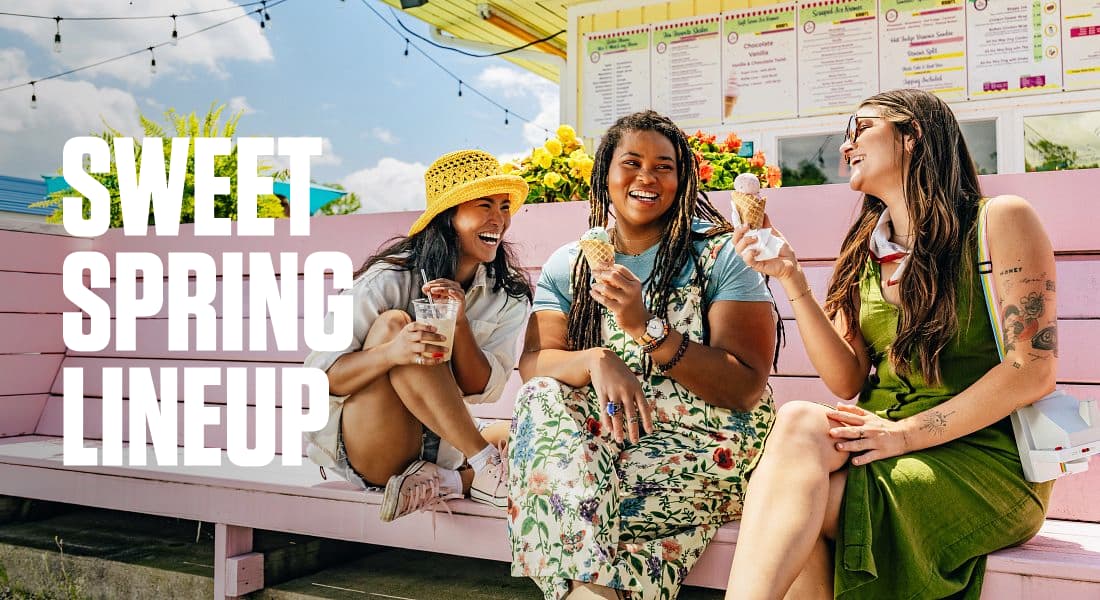 SWEET SPRING LINEUP - Three women sit on a pink bench enjoying ice cream under a sunny sky. Karolina Kremes, Etowah, NC.