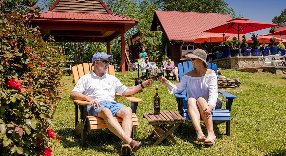 Elderly couple sharing a bottle of wine outdoors
