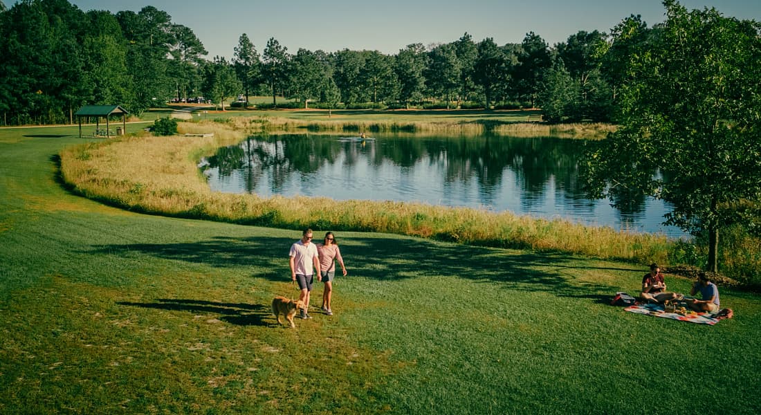 Aerial view of couples enjoying Howel Woods Park