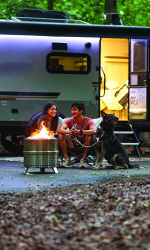 A couple camping with their dog enjoying a responsible fire.