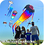 Family of four flying a colorful kite