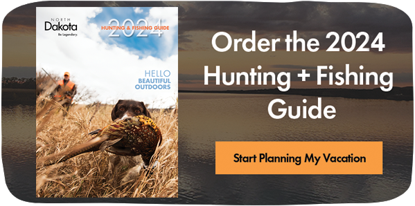 Image of a guide cover and text that reads: Order the 2024 Hunting + Fishing Guide, Start Planning My Vacation