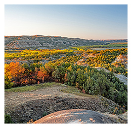 Scenic landscape with red and gold fall foliage and mountains