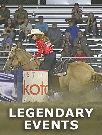 Woman riding a horse at a rodeo, with overlay text that reads Legendary Events