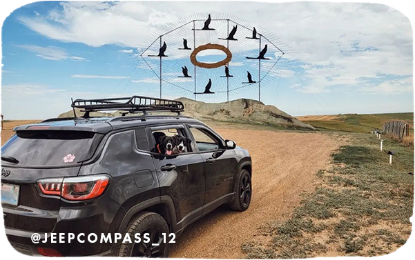 Black SUV on a dirt road with two dogs looking out the window and an art sculpture of birds in front of it, with overlay text that reads: @jeepcompass_12