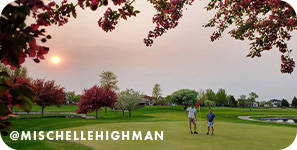 Man and boy on the green of a golf course, with text overlay that reads: @mischellehighman